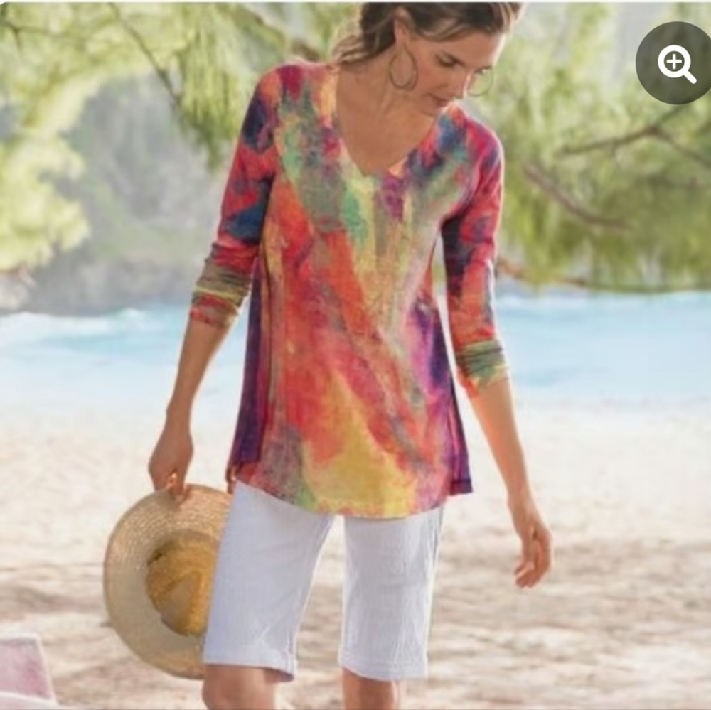 Soft Surroundings Plein de Couleurs Art-to Wear Soft Light Knit Watercolor Top M